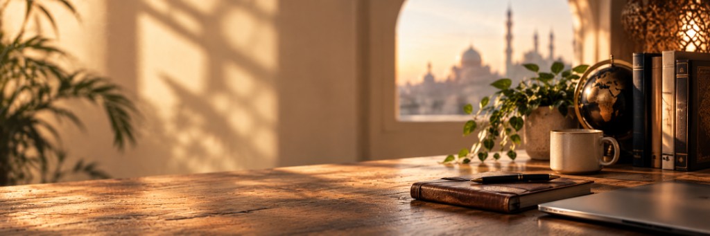 Une table en bois, des livres, un globe et une tasse, avec une mosquée vue par la fenêtre.