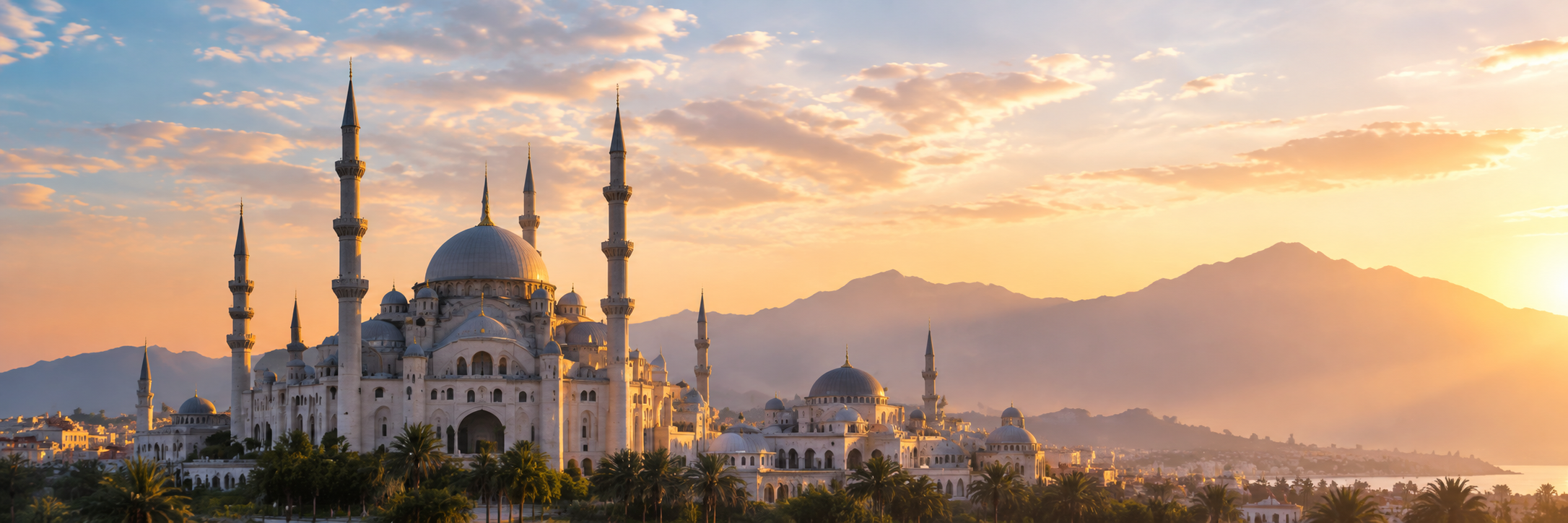 Mosquée au coucher du soleil, avec minarets, palmiers et montagnes.